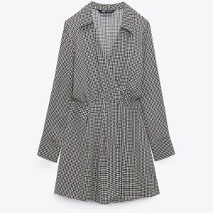 Zara black white houndstooth wrap mini shirt dress S long sleeve V-neck classy